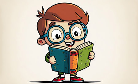 Cartoon of a bookworm holding an open book with a white background. I adore booksの素材