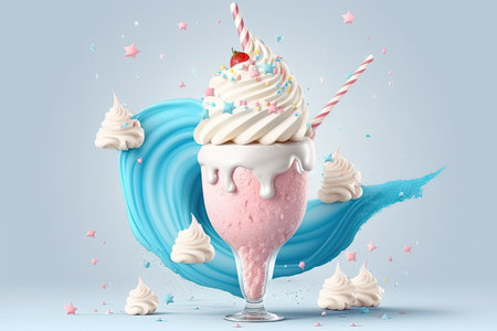 Creamy pink milkshakes topped with sugary sprinkles and a frosted unicornの素材