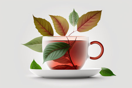 On a white background, a cup of tea and some green leavesの素材