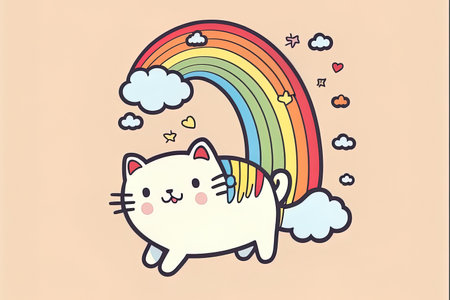 Cartoon symbol of a cute cat bouncing with a rainbow and a cloud backgroundの素材