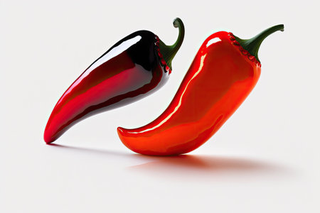 Two fiery red chili peppers on a white backgroundの素材
