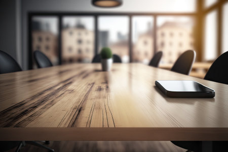 blurred office and meeting room in the background of an empty wooden table topの素材