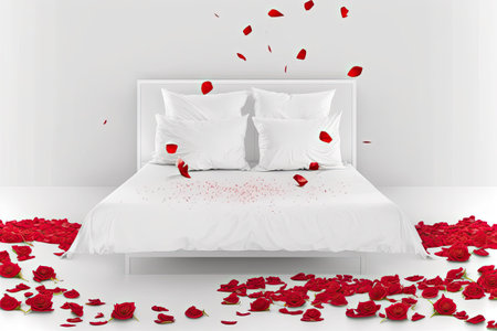 red roses with his petals scattered across a white bed with two pillowsの素材