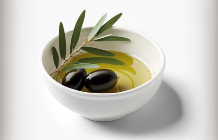 delicious olive oil in a bowl against a white backgroundの素材