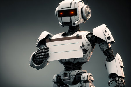 electronic cyborg robot with a white tab screen greetingの素材