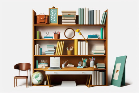 Home library shelving unit with books and chic deskの素材