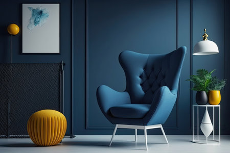 Empty dark blue walls in the living room, with a yellow armchairの素材