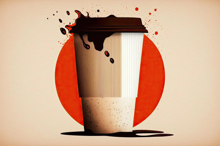Illustration of a black coffee in a paper cup on a beige backdropの素材