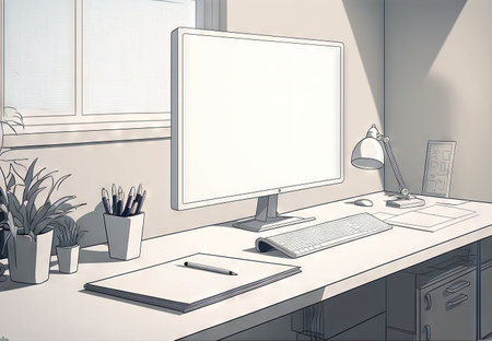 On the table is a mock up of a basic design screen. Space for work in the white loftの素材