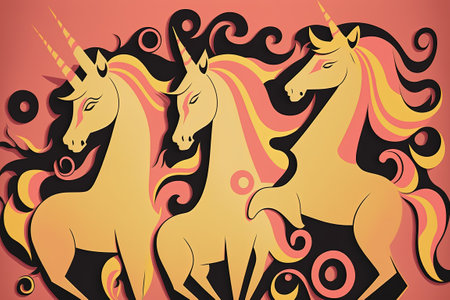 Mythical Fantasy Pink Unicorns Excellent Studio Joke with a Yellow Beige Backgroundの素材