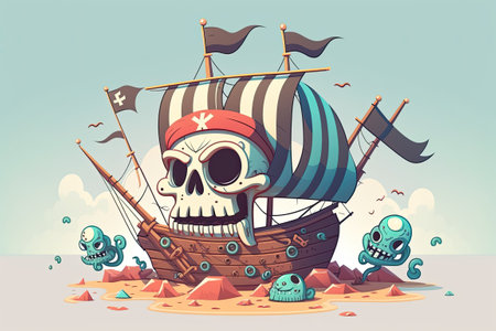 There is a picture of a cartoon pirate ship with a skull and crossbones flagの素材
