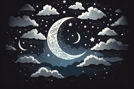 Gray and cloudy night sky with the new moon captured on cameraの素材