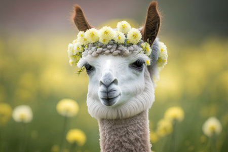 Crazed alpaca wearing a crown of dandelion blossoms. Camelid from South Americaの素材