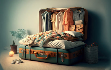 On the bed in the room, an open bag with clothing, a jacket, and trendy accessoriesの素材