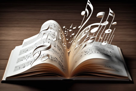 Music notes in an open book on a wooden table play a symphonyの素材