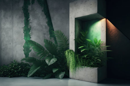 Green wall and concrete podium for a product launch in the tropicsの素材