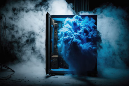 In a blue lit, smoke filled studio settingの素材