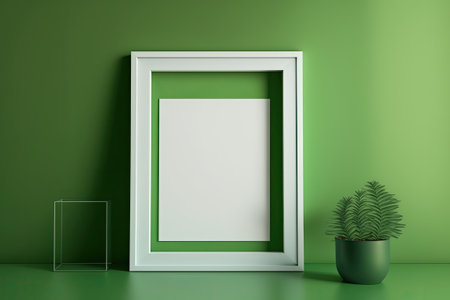 On a green wall, a picture frame is empty. Mockup that uses copyspaceの素材