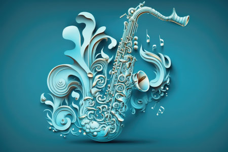 Saxophone playing music notes and other symbols on a light blue backgroundの素材
