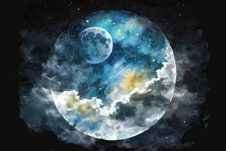 Star studded night sky with a full moon. Watercolorの素材