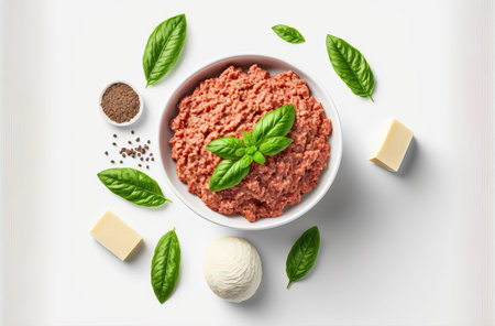 Top view of a bowl of raw minced meat and basil on a white backgroundの素材