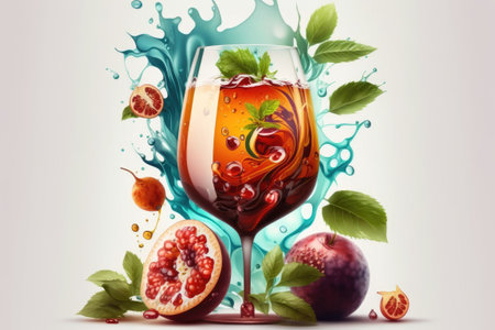 The glass of passion fruit cocktail sitting on the table, surrounded by mint and iceの素材