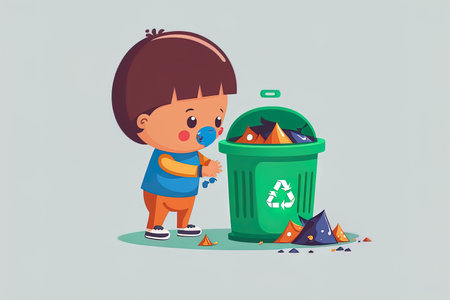 little child throws rubbish in the trash canの素材
