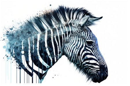 A headshot of a zebra. The zebra, in all its glory, against a blank white backgroundの素材