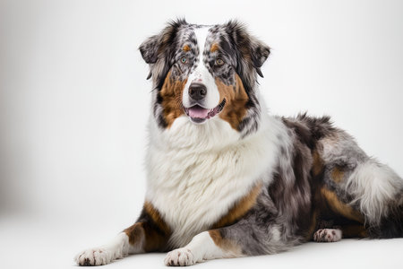 A large, contented Australian Shepherd dog is posed alone against a white backdropの素材
