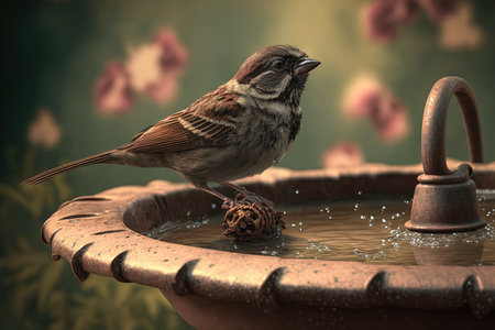 A Sparrow takes a drink in the bird bathの素材