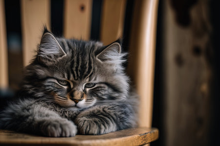 A gray, fluffy, tabby cat is seen in selective focus while perched on a wooden chairの素材