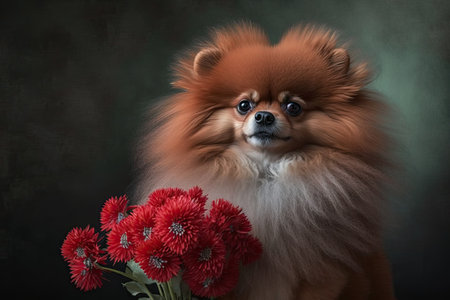 A photograph of a red Pomeranian with a bouquet of flowersの素材