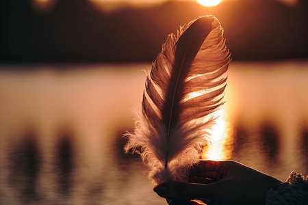 A person holding a feather in the vertical position while the sun is settingの素材