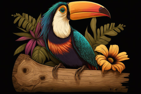 A sharply focused image of a toucan sitting on a plank of woodの素材