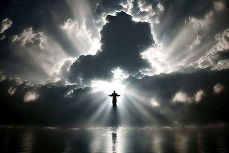 A silhouette of Jesus Christ can be seen in the beautiful heavens over the seaの素材