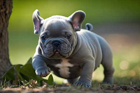 A young, blue French bulldog playing in the yardの素材