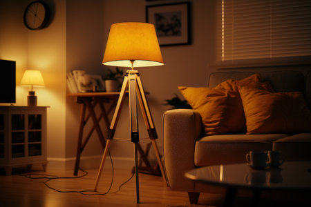 A view of a tripod lamp casting warm light in a comfortable living spaceの素材
