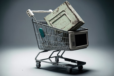 A white, isolated shopping cart with a laptop on itの素材