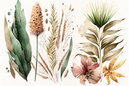 A watercolor painting of withered flowers. Wildflowers, palm leaves, and pampas grassの素材