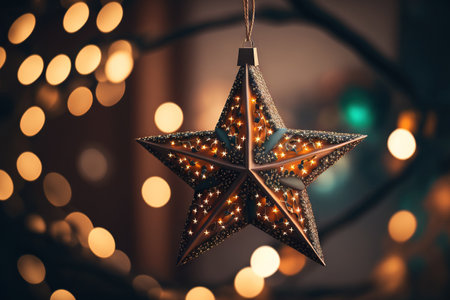 A star shaped Christmas ornament suspended on a branch with bokeh of light strandsの素材