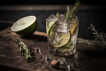 Alcoholic gin and tonic with lime, rosemary, and ice served at a rustic black tableの素材