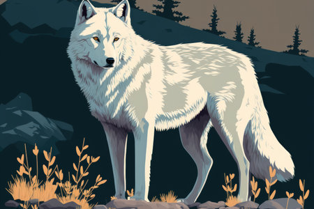 Arctic wolf in white, peering closely at the camera. Animal threat in natural habitatの素材