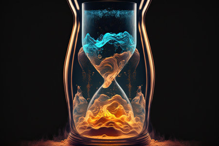 A sand glass with water and flames insideの素材