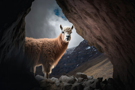 An alpaca in the mountains, seen from belowの素材