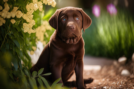 An adorable brown labrador dog in a gardenの素材