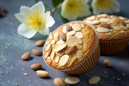Almond muffins that are gluten free and topped with nut slicesの素材