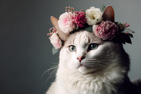 An endearing white cat sporting a pink flower crown is shown on a gray backdropの素材