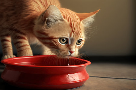 At home, a young cat takes water out of a red bowl. pet careの素材