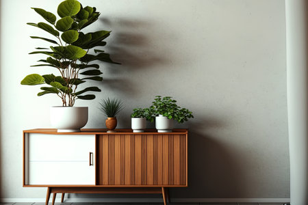 An interior living room with a plant, a wooden cabinet, and a white wallの素材