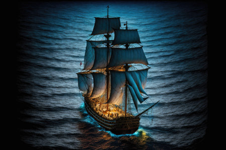 An old fashioned sailing ship out in the wide ocean. Look down from aboveの素材